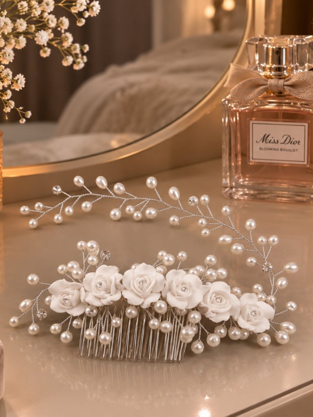 Bridal Floral Hair Vine with Pearls & Crystals, White Rose Wedding Hair Accessor